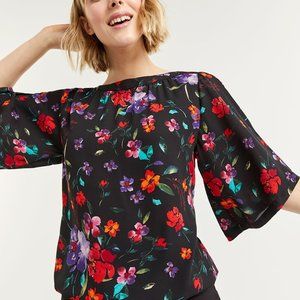 Watercolour Floral Elbow Sleeve Boat Neck Blouse